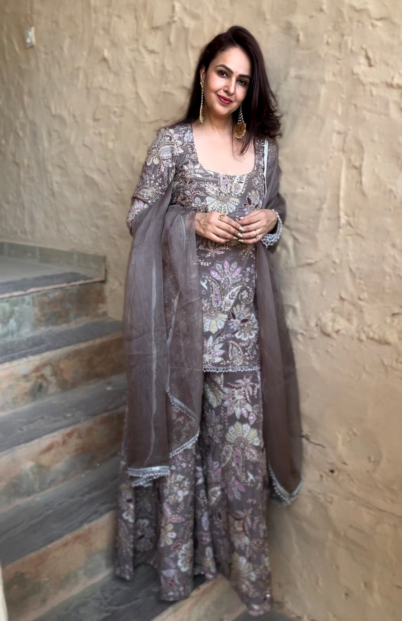 Grey Embroidered Sharara Set