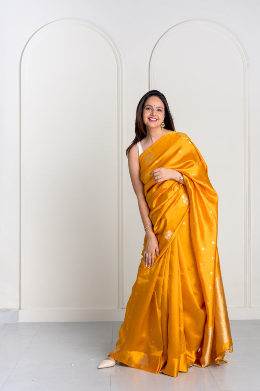 Sunheri Yellow Soft Muslin Puna Silk Sona Rupa Work Saree