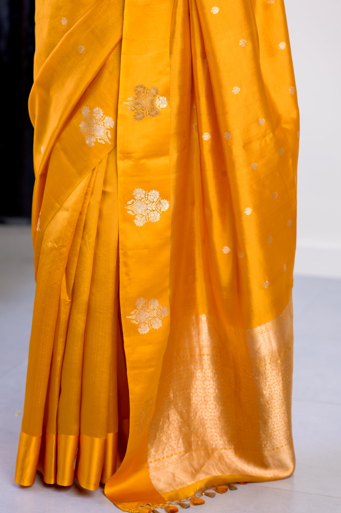 Sunheri Yellow Soft Muslin Puna Silk Sona Rupa Work Saree