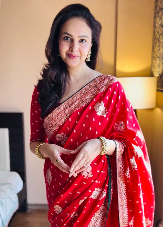 Red zari boota saree