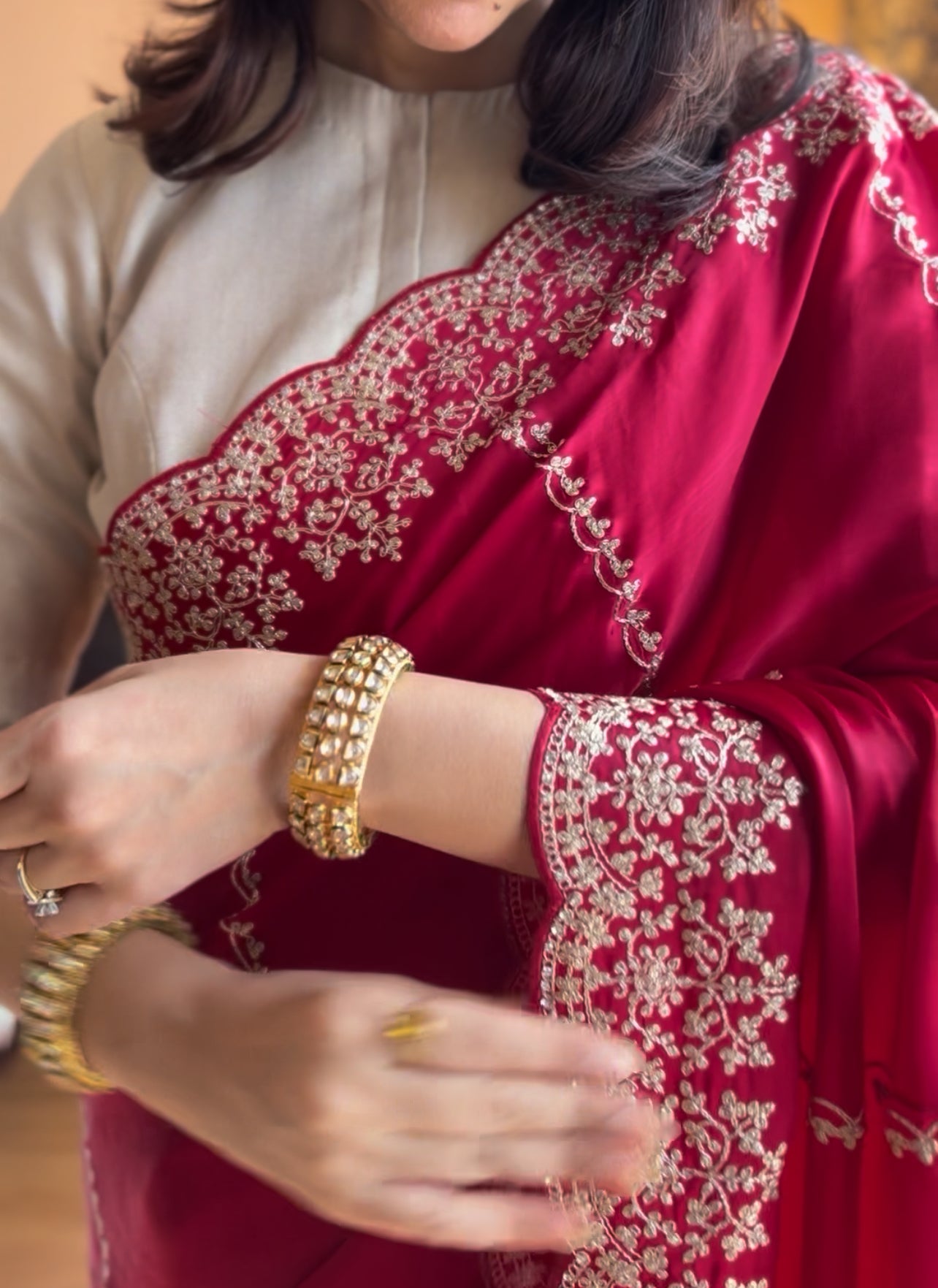 Satin embroidered crepe saree