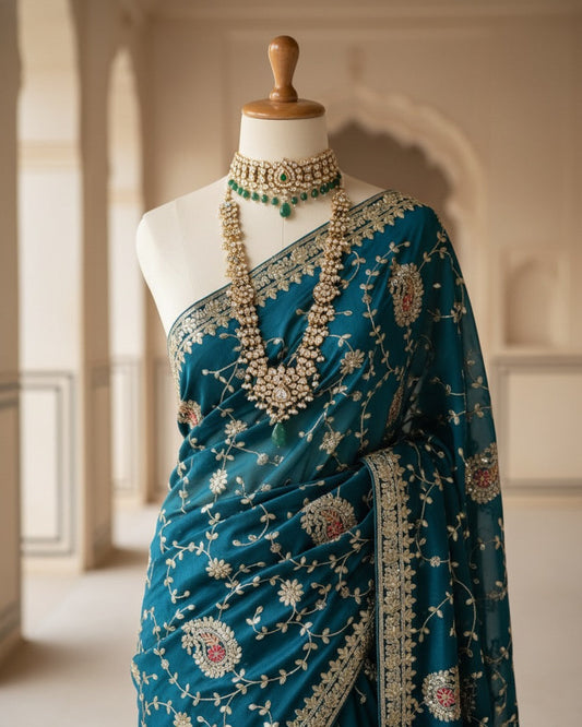 Teal jaal saree