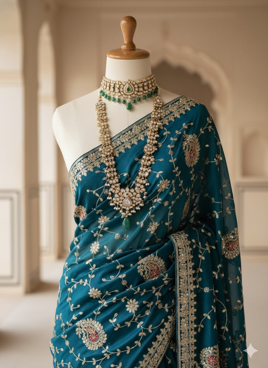 Teal jaal saree