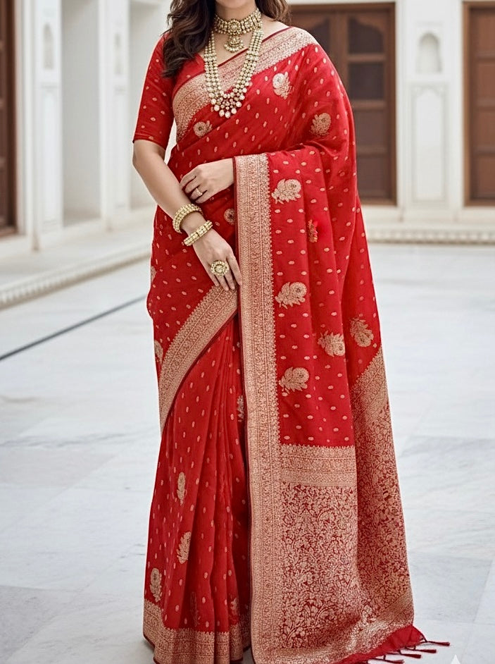 Red zari boota saree