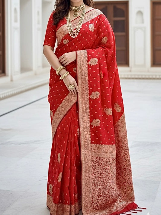 Red zari boota saree