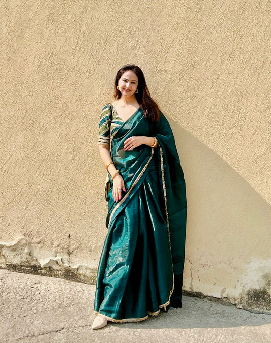 Green Silk Organza Saree with Gold Kiran