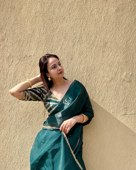 Green Silk Organza Saree with Gold Kiran