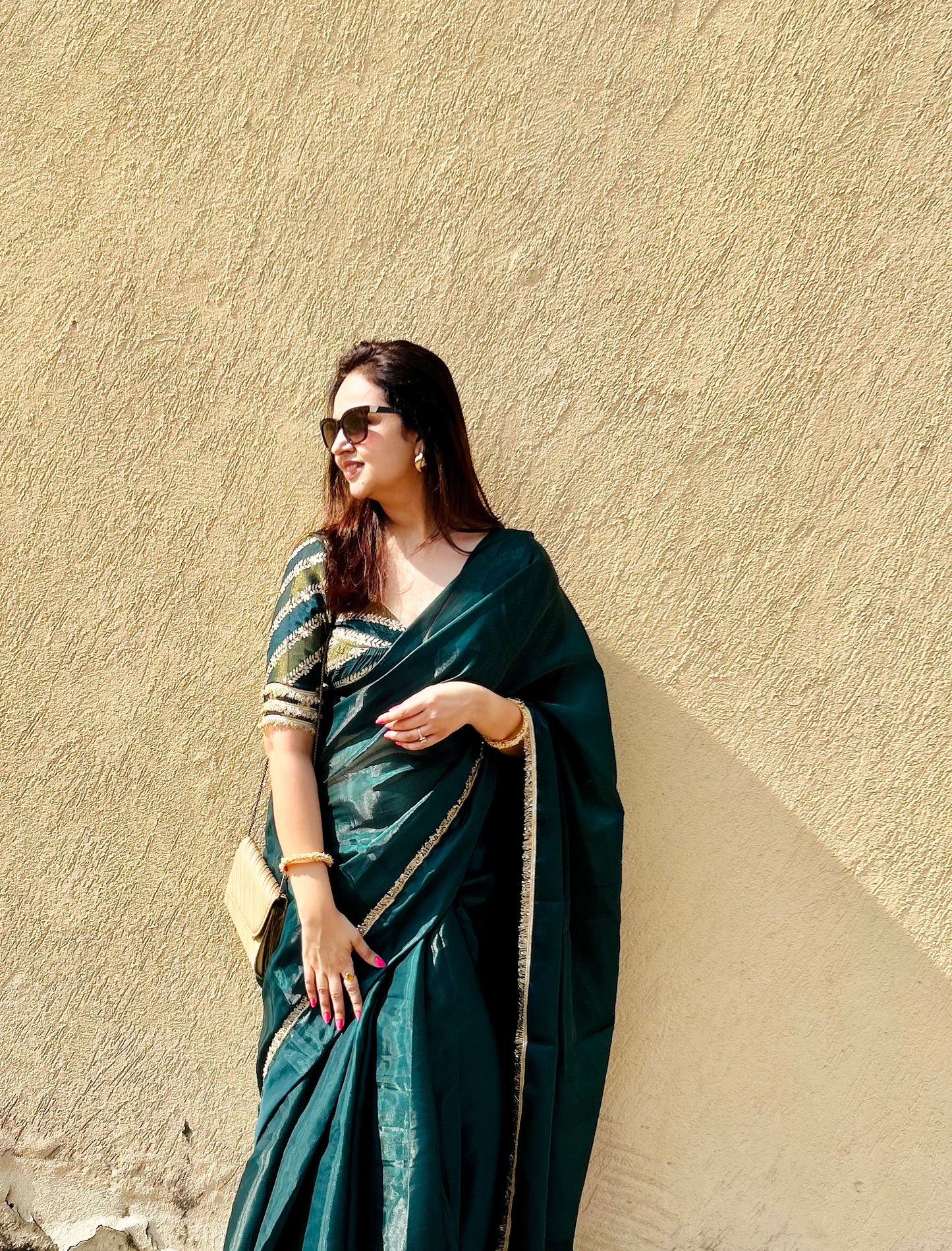 Green Silk Organza Saree with Gold Kiran