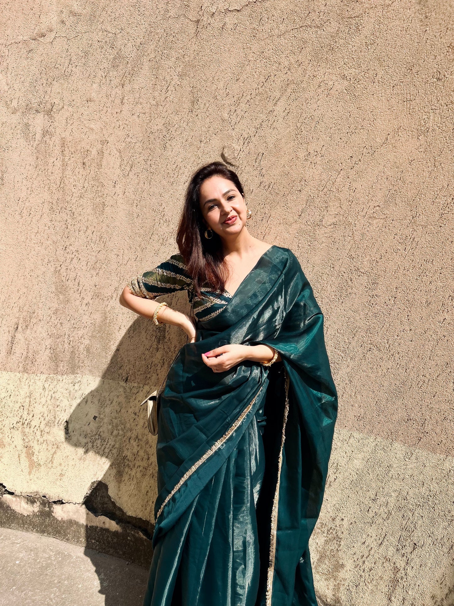 Green Silk Organza Saree with Gold Kiran