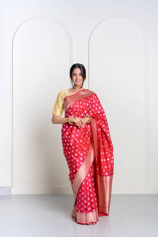 Laal Pink Pure Katan Silk Banrasi With Kadhua Weaving