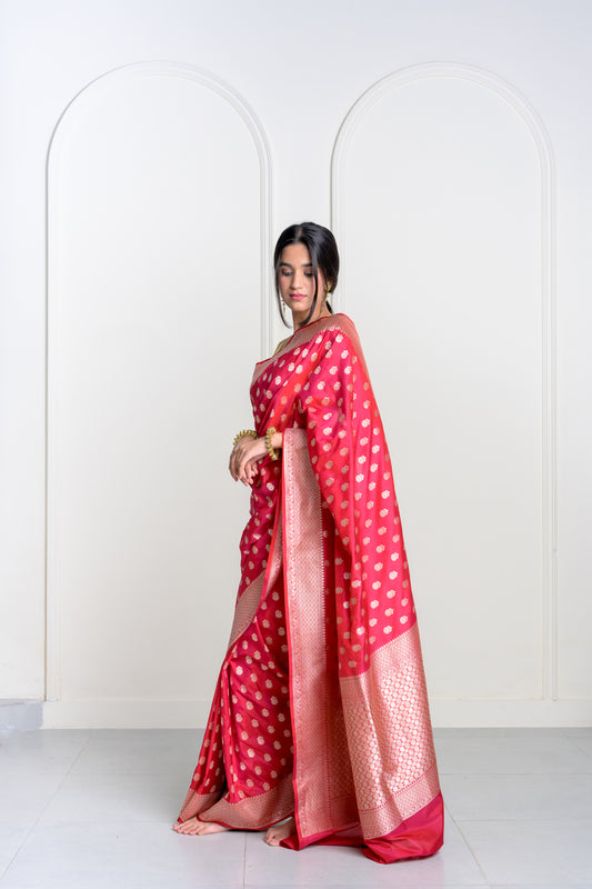 Laal Pink Pure Katan Silk Banrasi With Kadhua Weaving