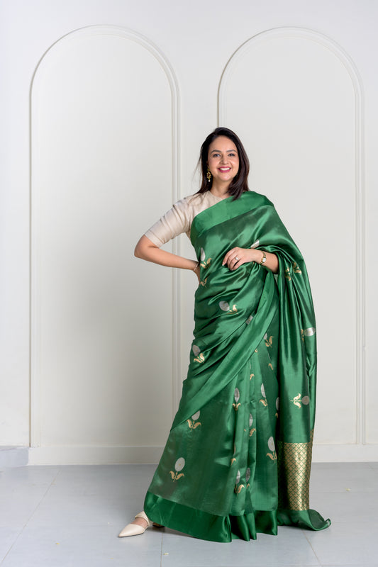 Hara Green Soft Muslin Puna Silk Sona Rupa Work Saree