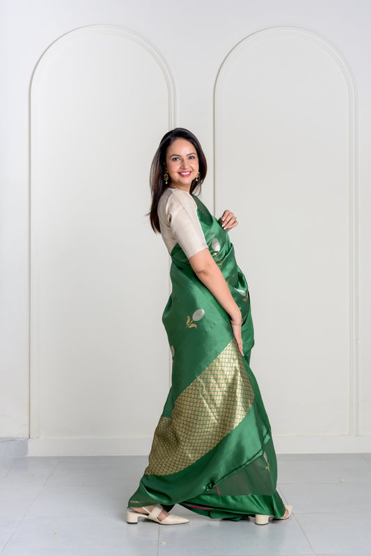 Hara Green Soft Muslin Puna Silk Sona Rupa Work Saree