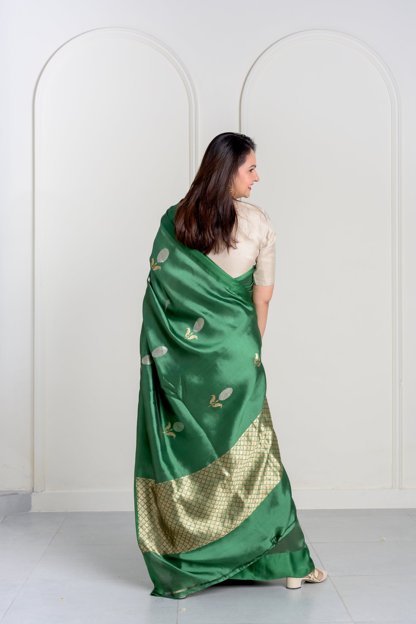 Hara Green Soft Muslin Puna Silk Sona Rupa Work Saree