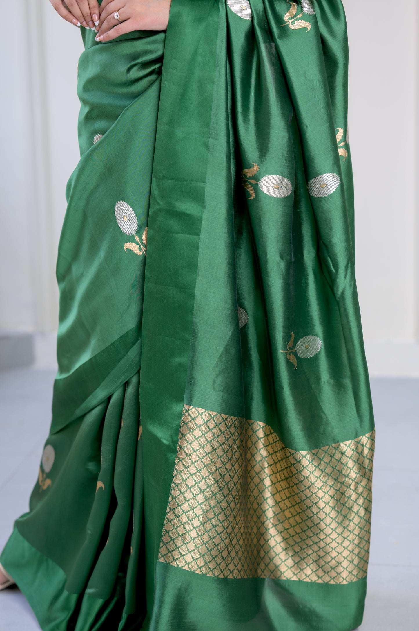 Hara Green Soft Muslin Puna Silk Sona Rupa Work Saree