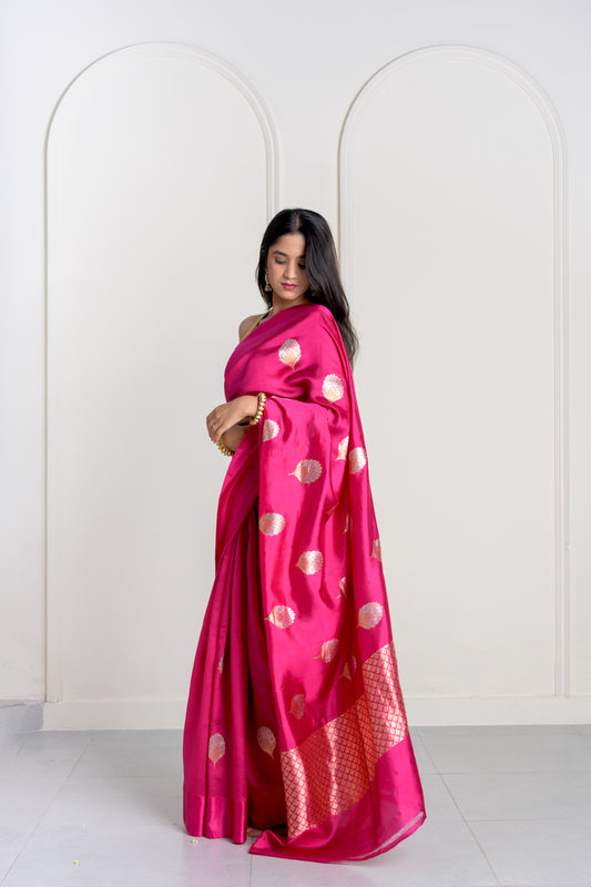 Rani Pink Soft Muslin Puna Silk Sona Rupa Work Saree