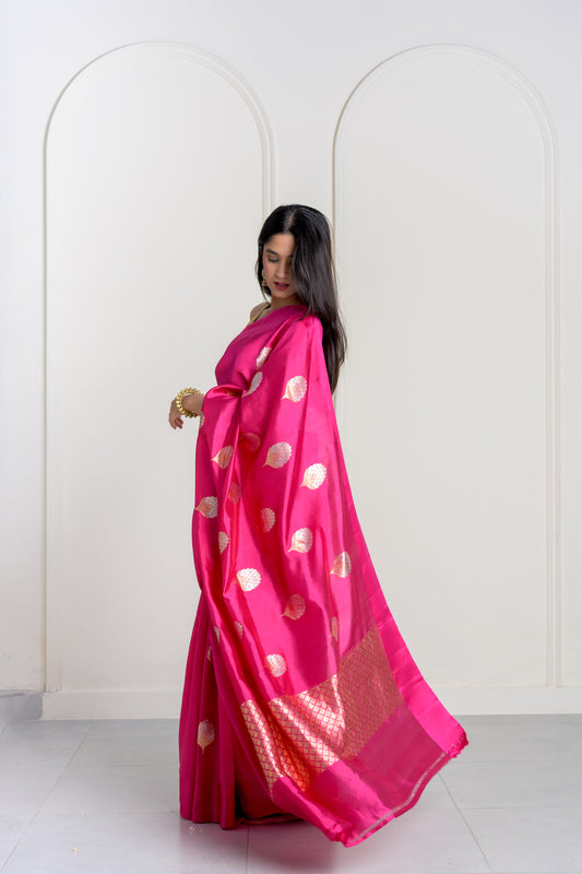 Rani Pink Soft Muslin Puna Silk Sona Rupa Work Saree