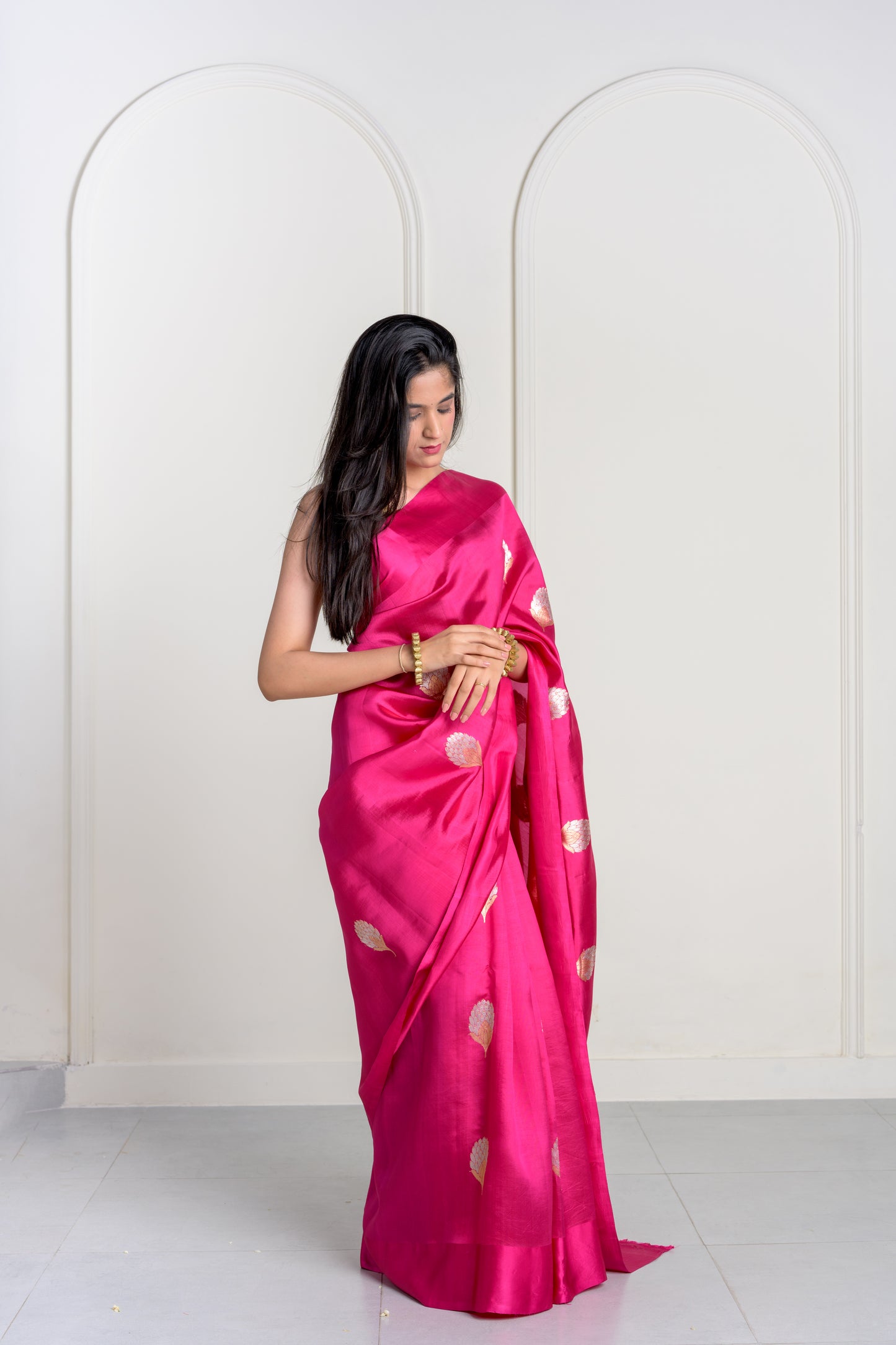 Rani Pink Soft Muslin Puna Silk Sona Rupa Work Saree