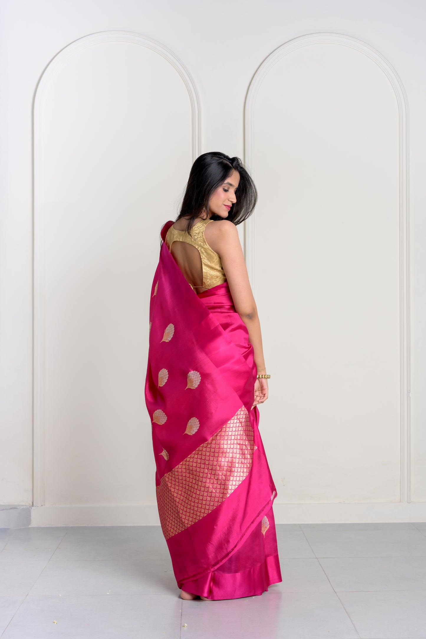 Rani Pink Soft Muslin Puna Silk Sona Rupa Work Saree