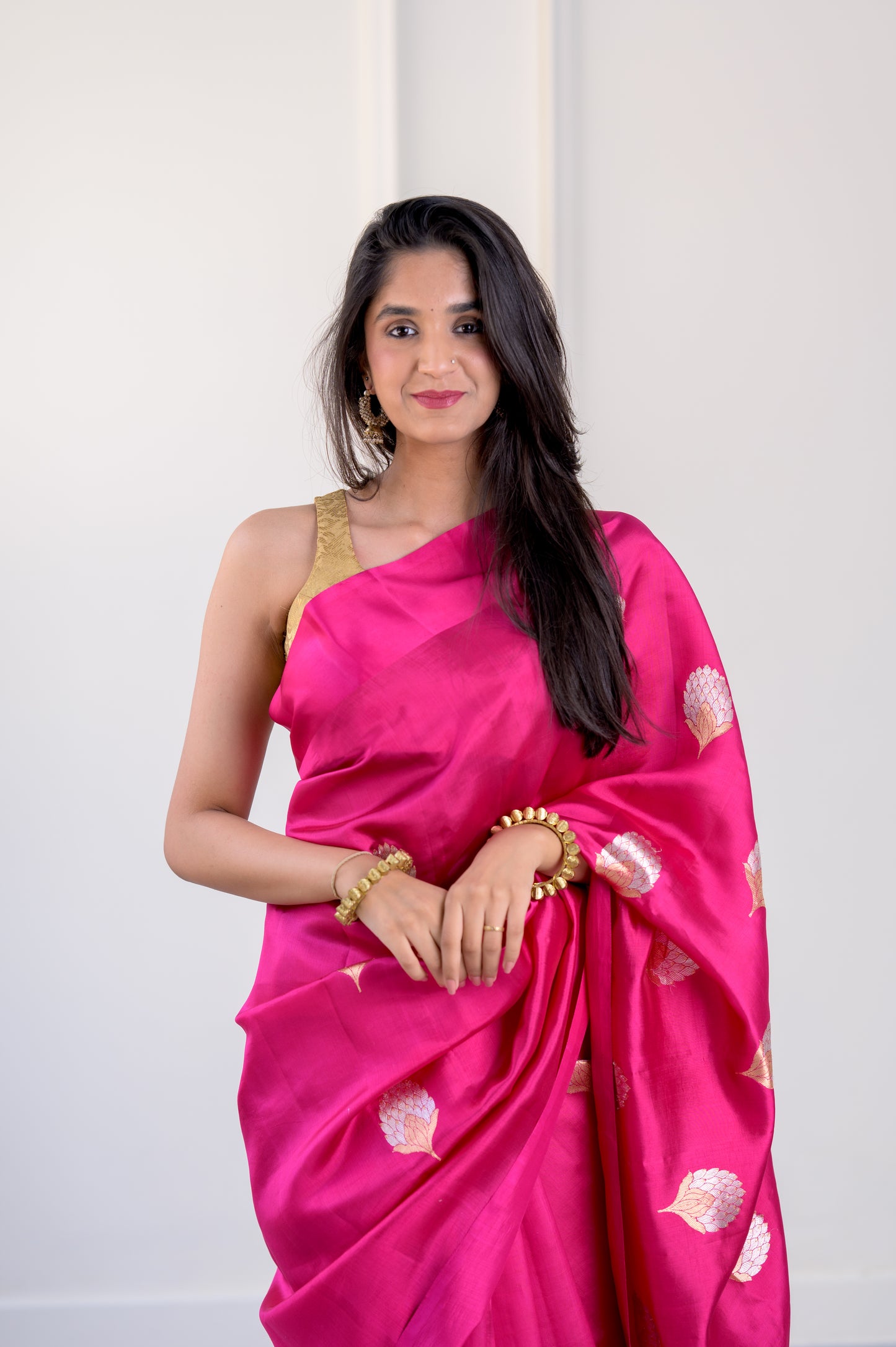 Rani Pink Soft Muslin Puna Silk Sona Rupa Work Saree