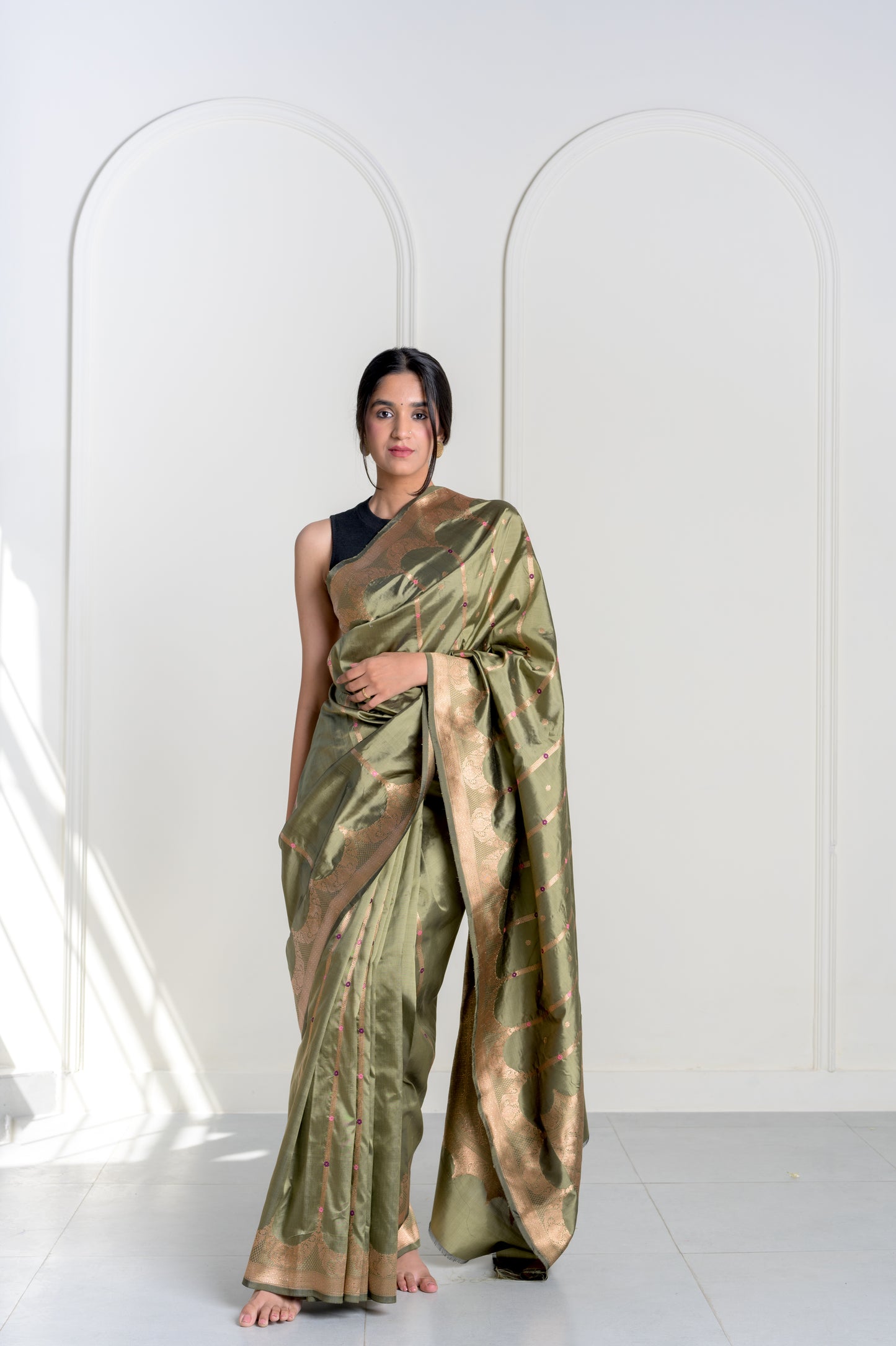 Hara Olive Pure Katan Silk Banarasi With Cutwork Weaving