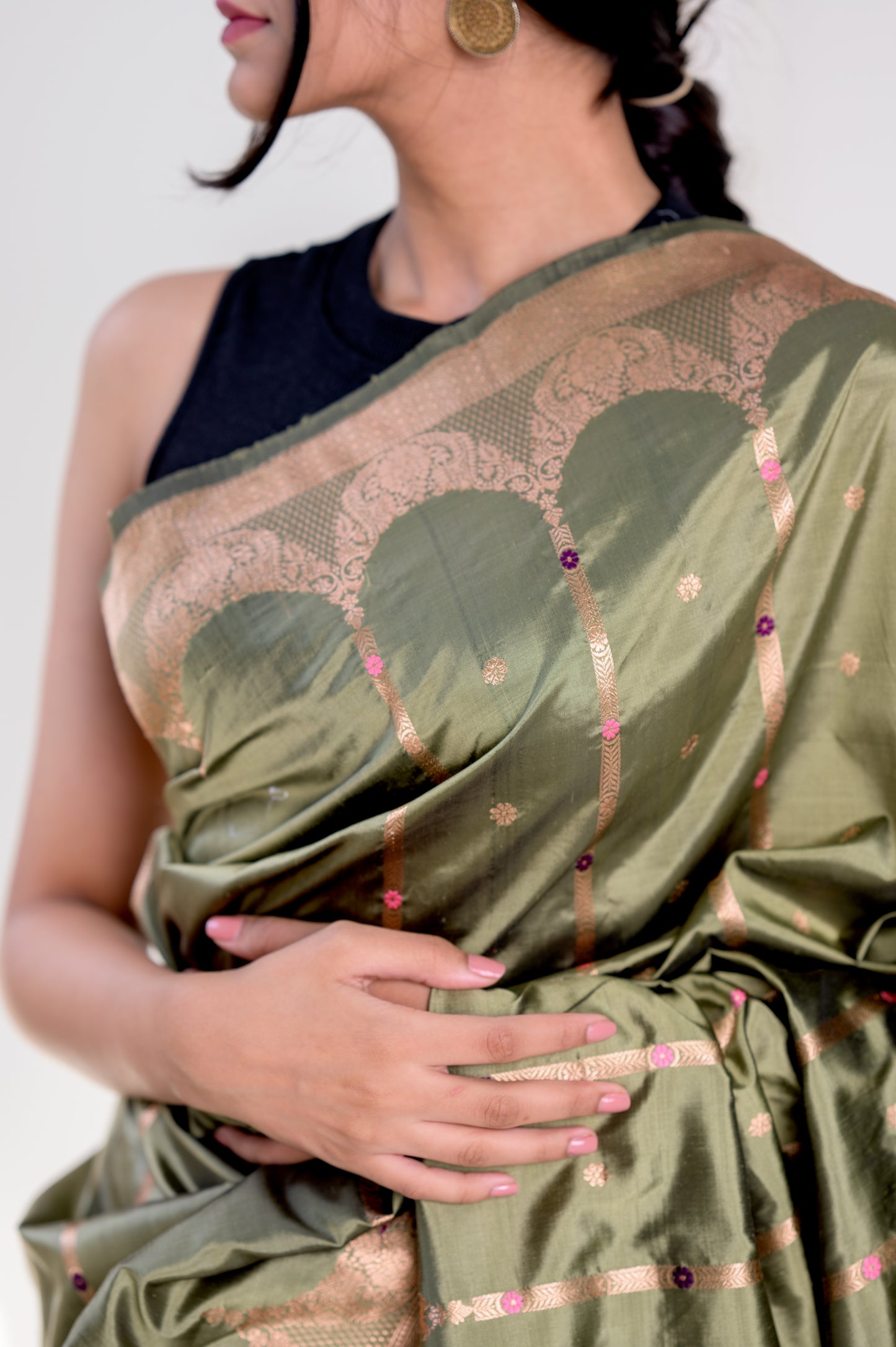 Hara Olive Pure Katan Silk Banarasi With Cutwork Weaving