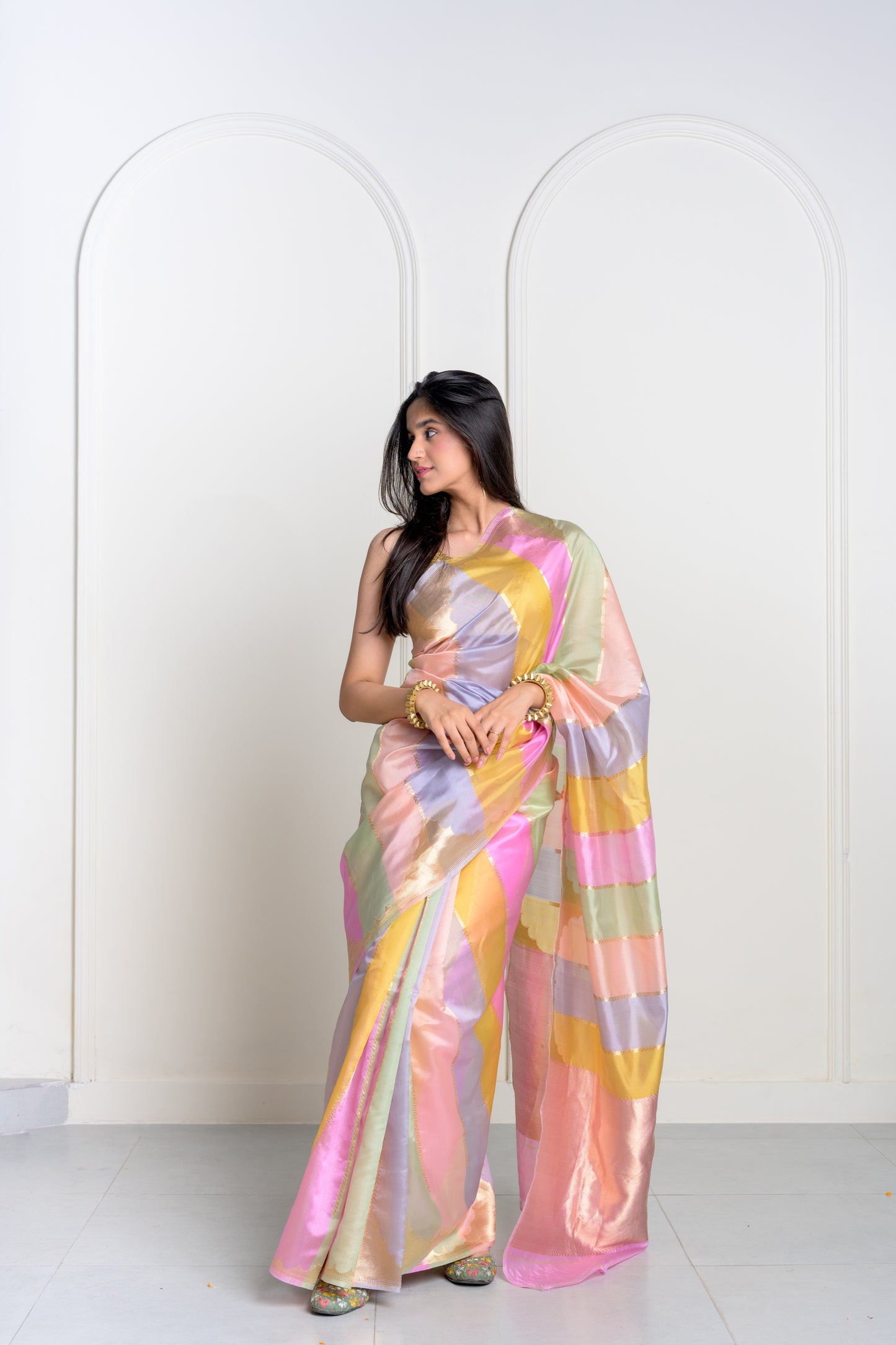 Multi Stripe Pure Kora Katan Silk Banarasi