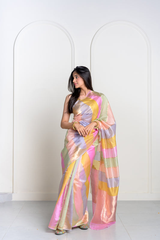 Multi Stripe Pure Kora Katan Silk Banarasi