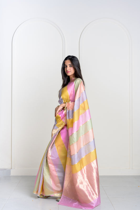 Multi Stripe Pure Kora Katan Silk Banarasi