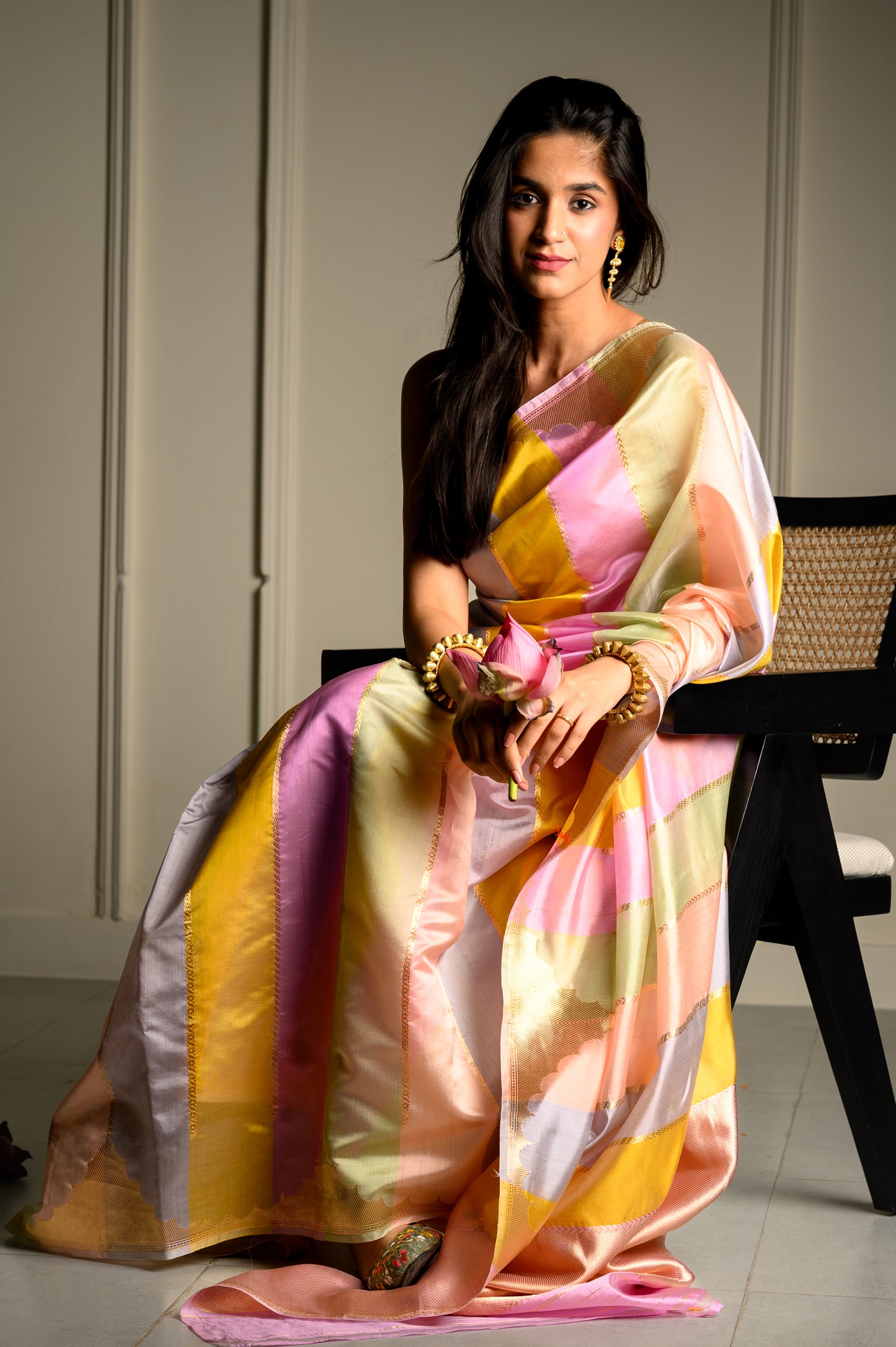 Multi Stripe Pure Kora Katan Silk Banarasi