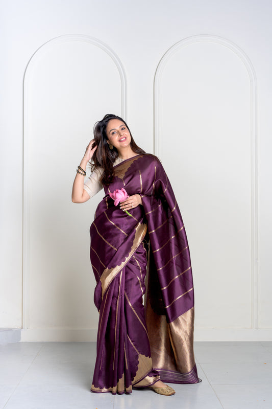 Deep Wine Pure Kora Katan Silk Banarasi