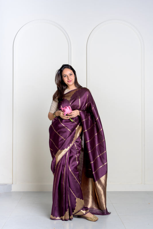 Deep Wine Pure Kora Katan Silk Banarasi