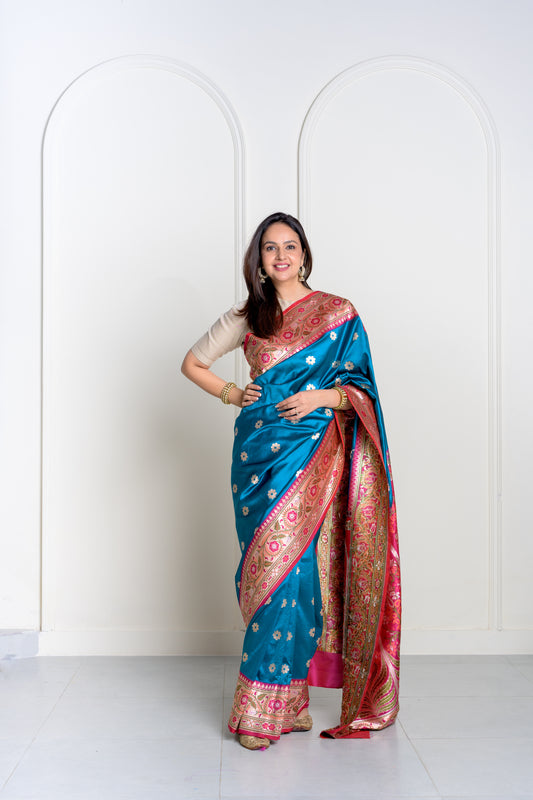 Neela Blue Banarsi Paithani Pure Katan Silk