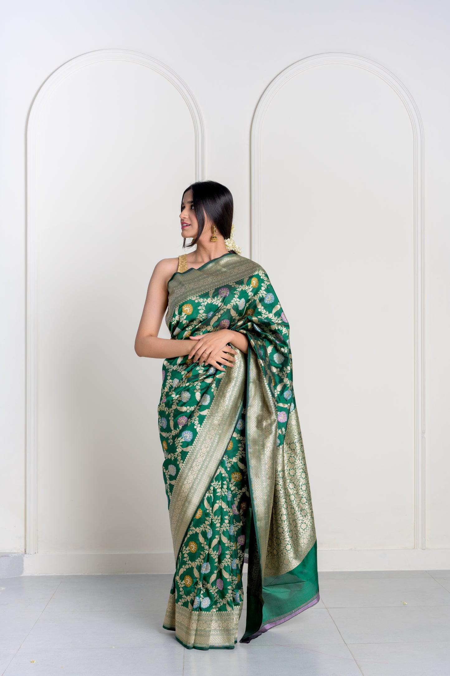 Hara Green Pure Katan Silk Jangla With Mina and Kadhua Weaving