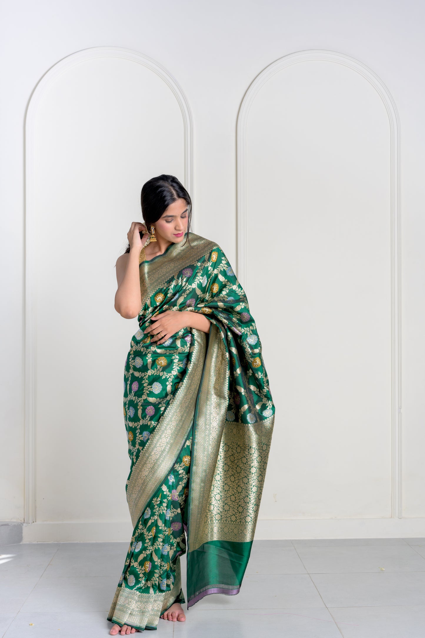 Hara Green Pure Katan Silk Jangla With Mina and Kadhua Weaving