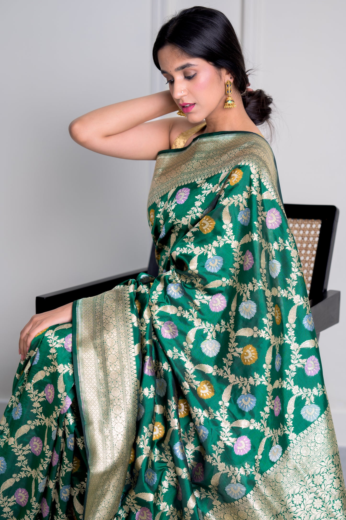 Hara Green Pure Katan Silk Jangla With Mina and Kadhua Weaving