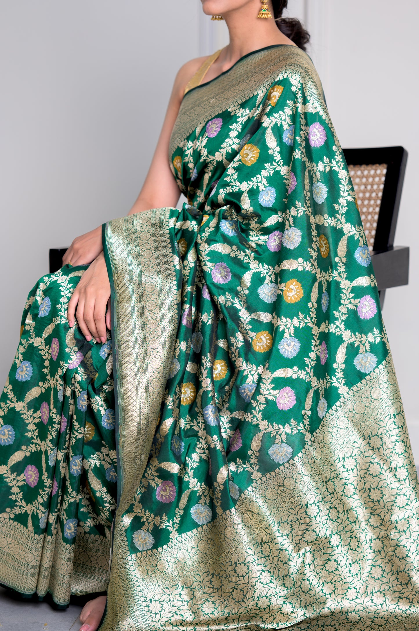 Hara Green Pure Katan Silk Jangla With Mina and Kadhua Weaving