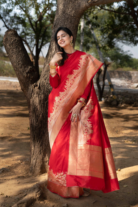 Laal Red Ghaat Pure Katan Silk Saree With Sona Rupa Work