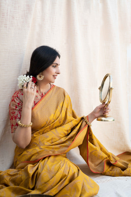 Vaijanti Ochre Pauri Katan Silk Saree